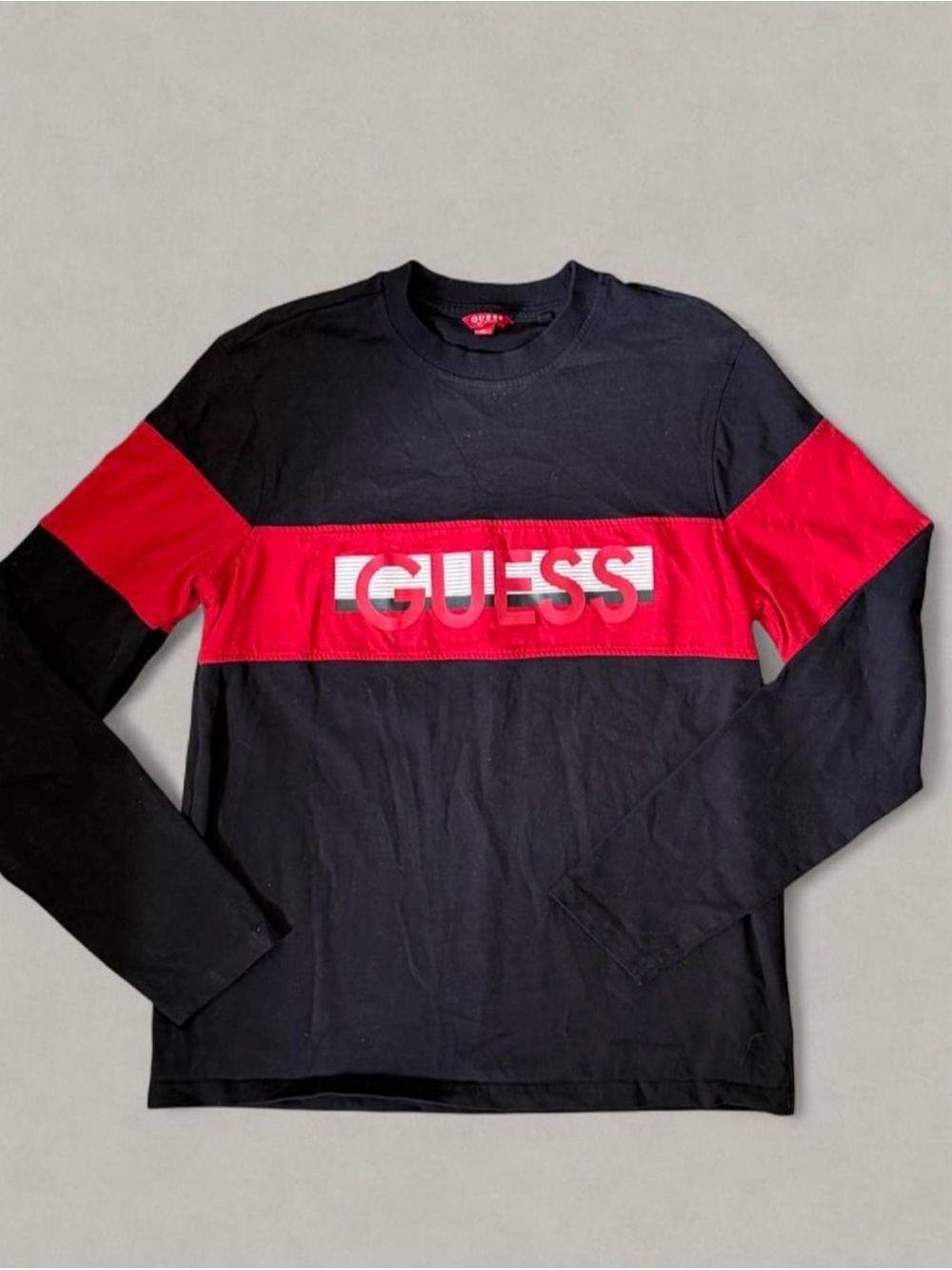 Guess Black Long Sleeve Shirt with Red Chest Stripe and Logo